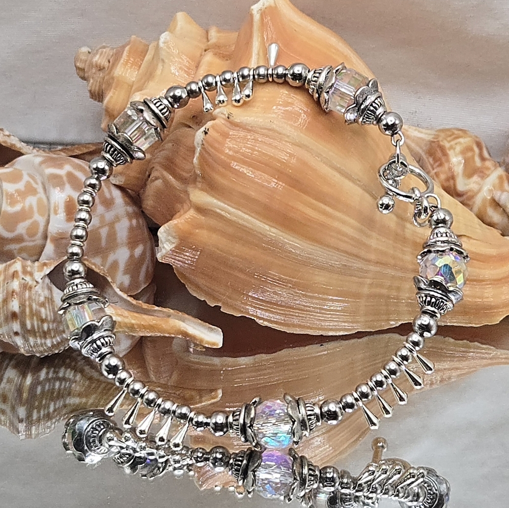 Elegant Stainless Steel Faceted Aurora Crystal Beaded Bracelet